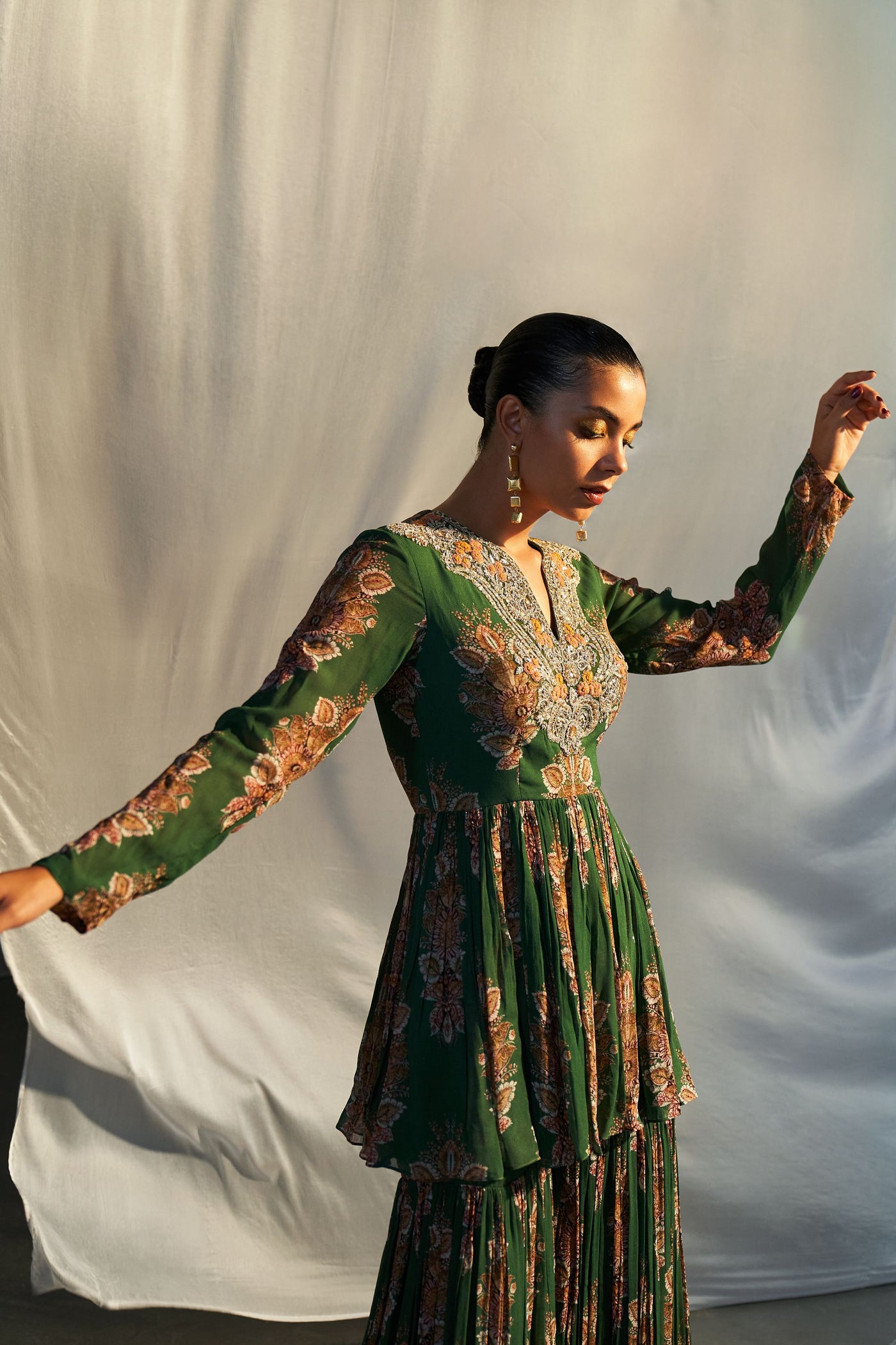 Green Printed Peplum Sharara Set