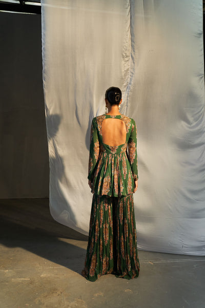 Green Printed Peplum Sharara Set