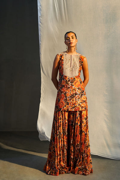 Floral Kurta with Embroidered Yoke  & Sharara Set