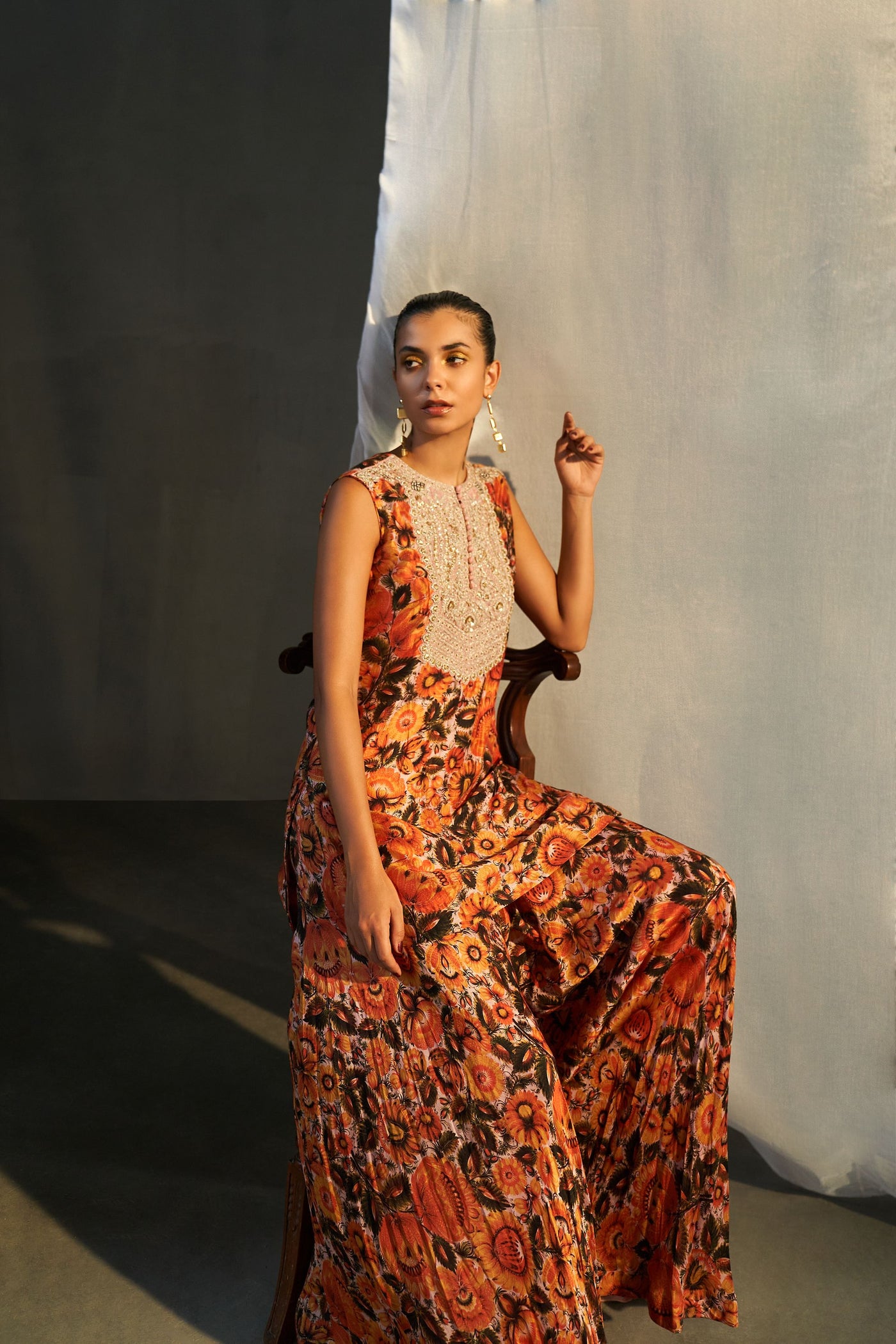 Floral Kurta with Embroidered Yoke  & Sharara Set