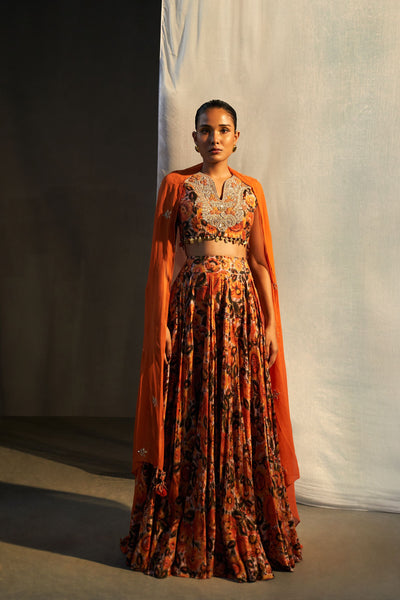 Floral Print Lehenga & Embroidered Blouse Set