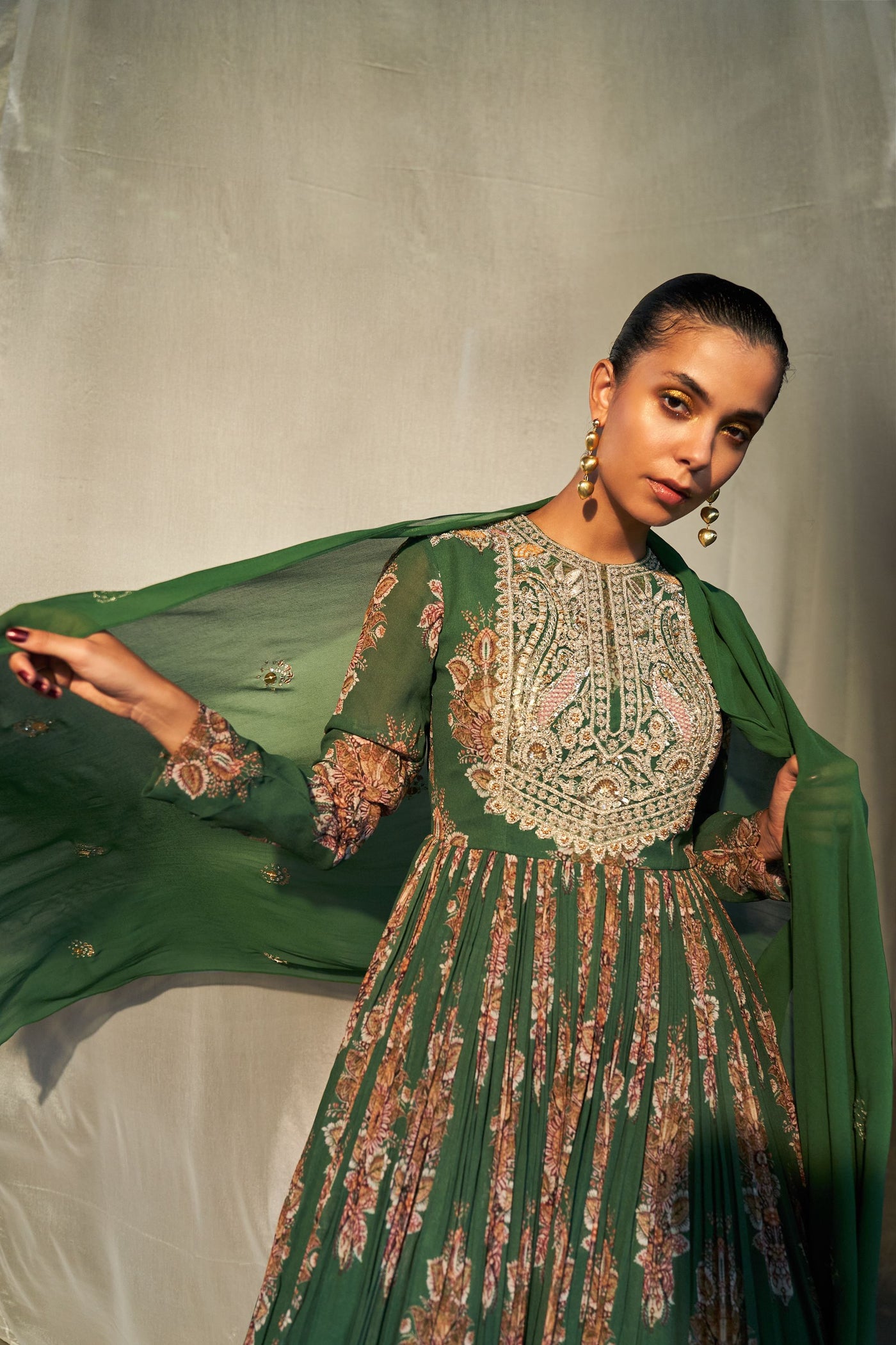 Green Embroidered Yoke Anarkali & Palazzo Set