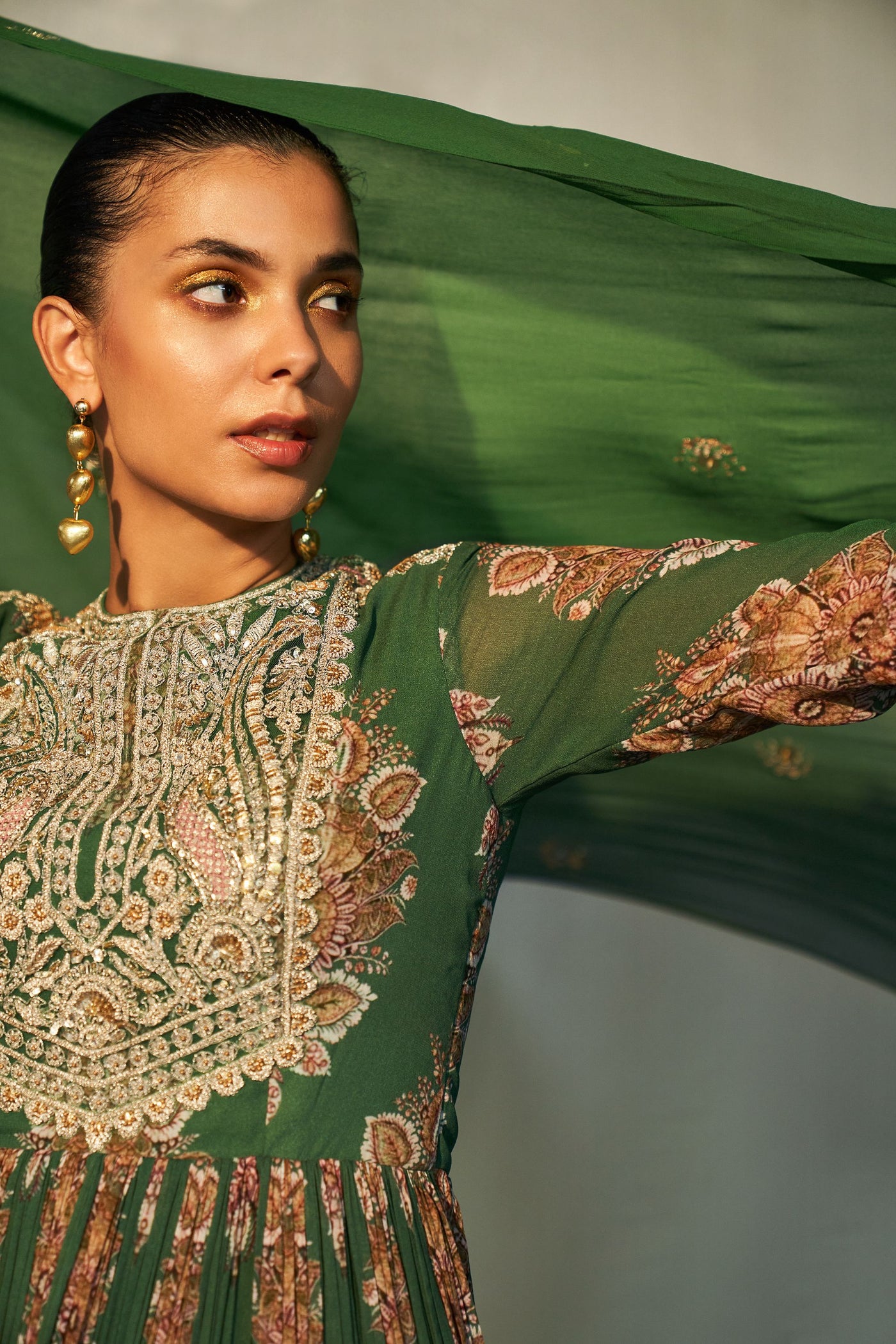 Green Embroidered Yoke Anarkali & Palazzo Set