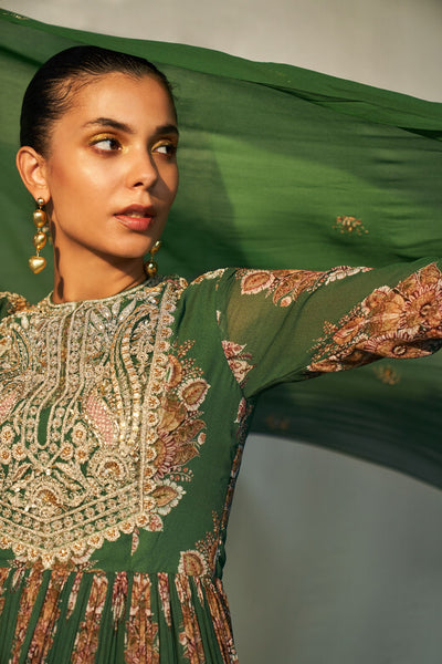 Green Embroidered Yoke Anarkali & Palazzo Set