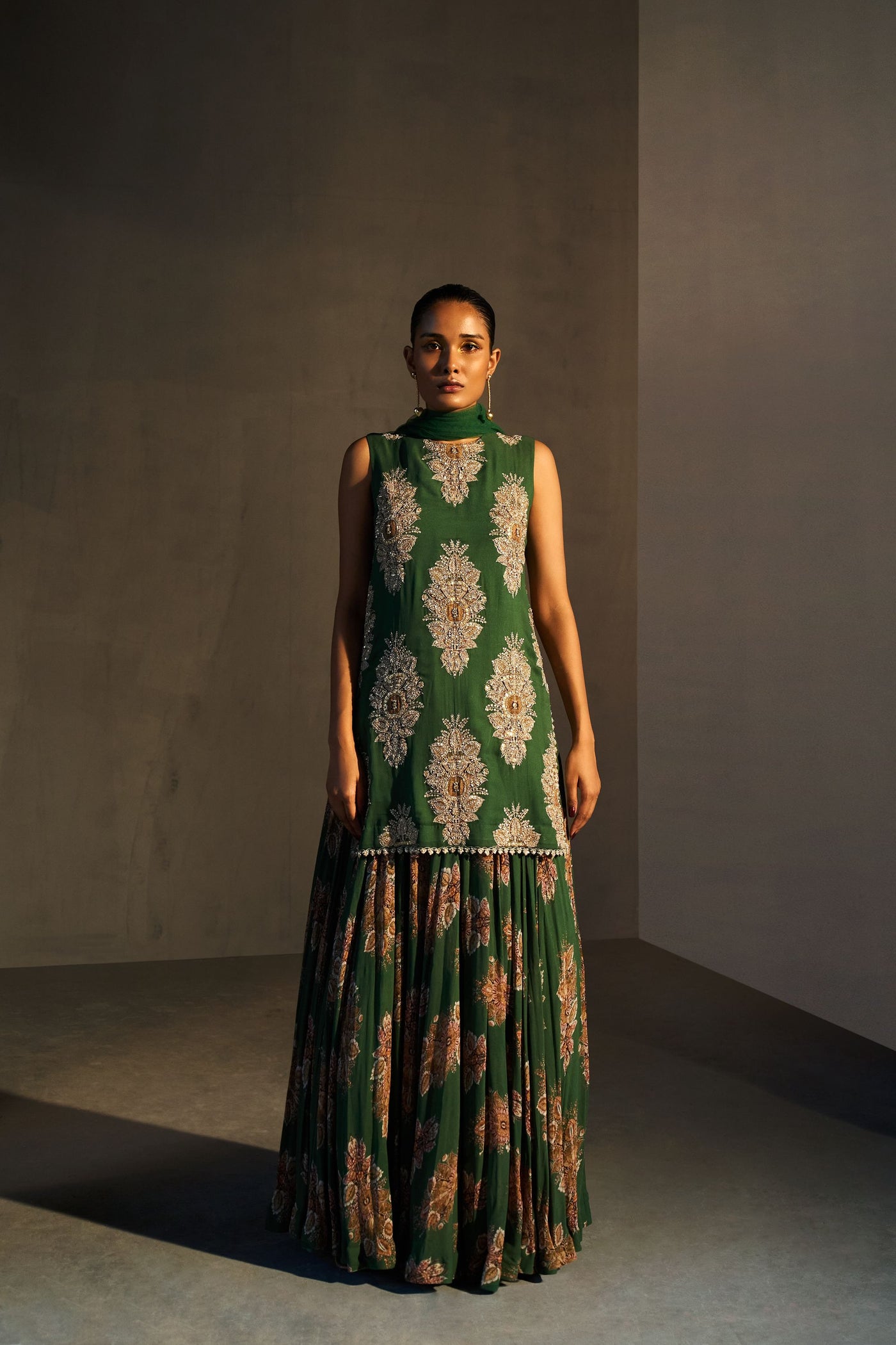 Green Georgette Botta Print Kurta & Lehenga Set
