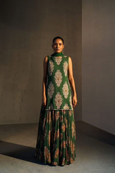 Green Georgette Botta Print Kurta & Lehenga Set