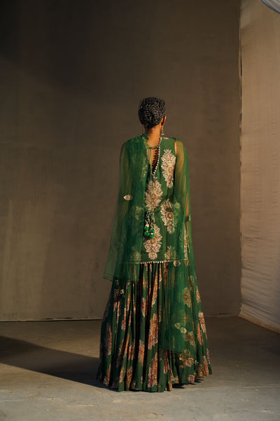 Green Georgette Botta Print Kurta & Lehenga Set