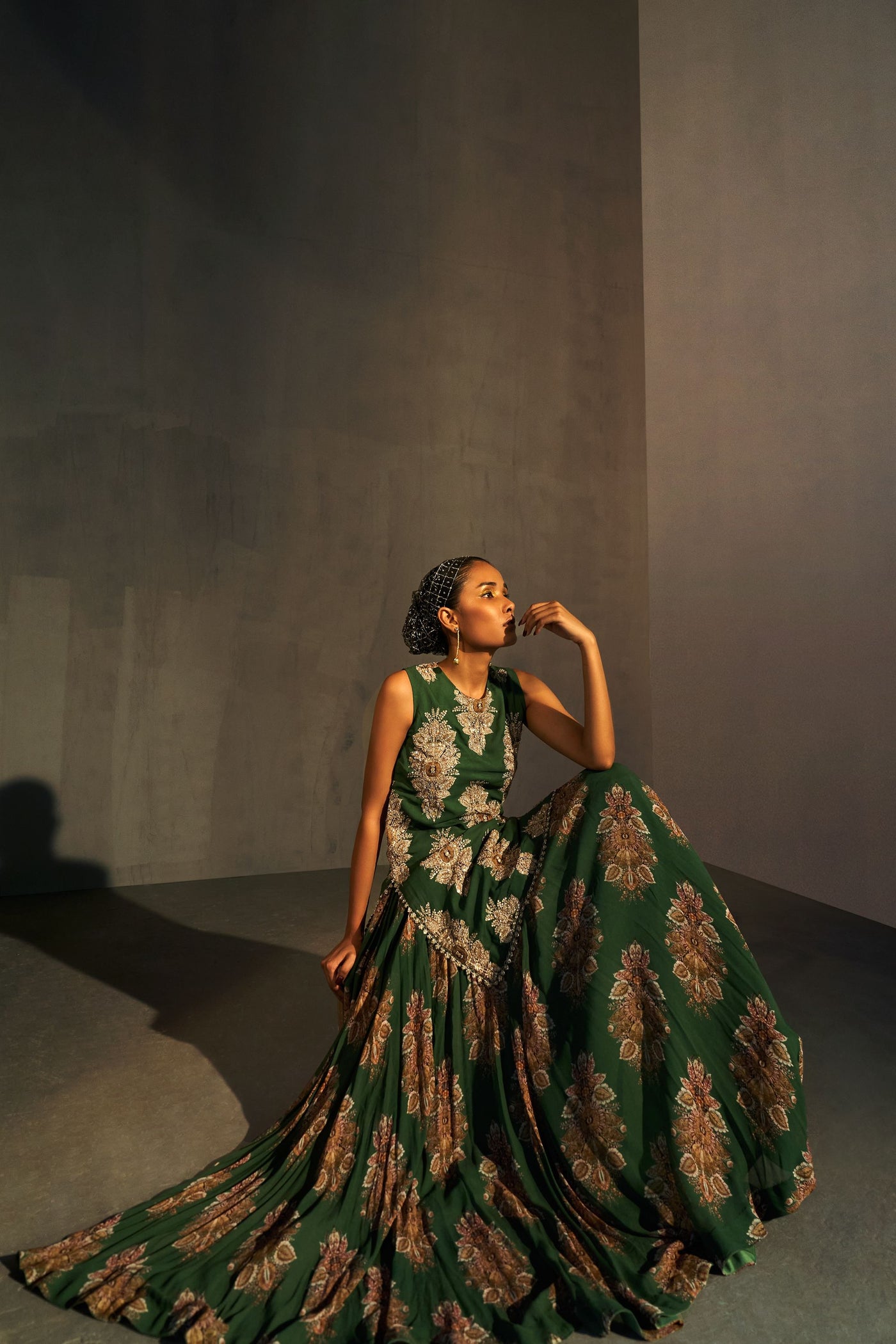 Green Georgette Botta Print Kurta & Lehenga Set