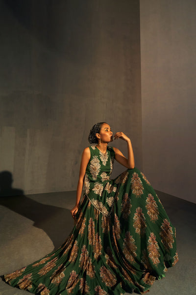 Green Georgette Botta Print Kurta & Lehenga Set