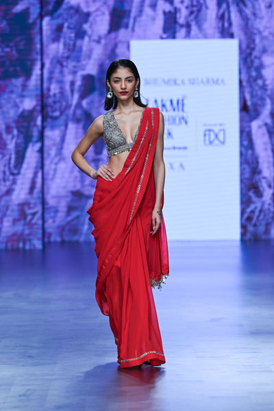 Red 6 Yard Saree with Embroidered Blouse