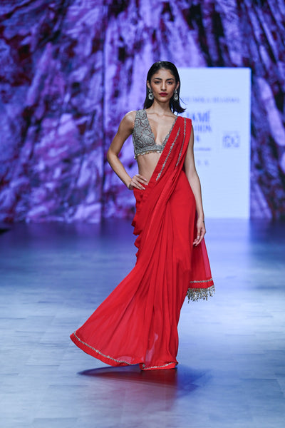 Red 6 Yard Saree with Embroidered Blouse