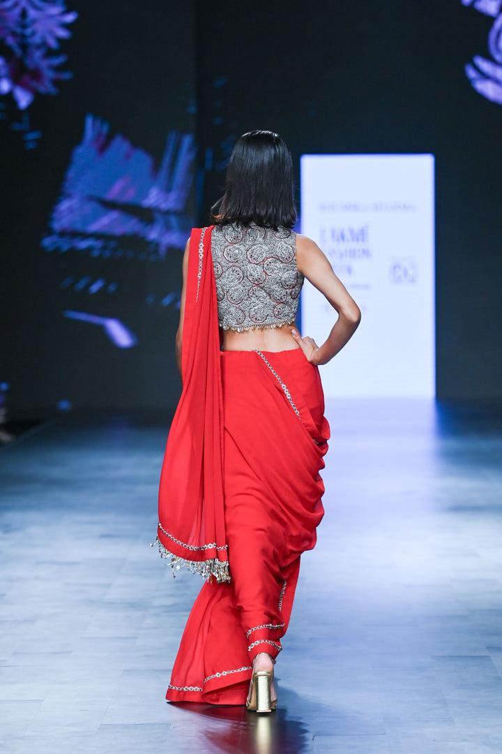 Red Saree with Embroidered Blouse