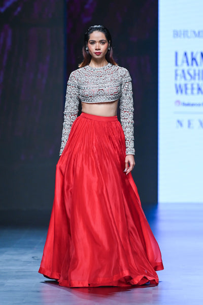 Retro Red Floral Embroidered Blouse Set