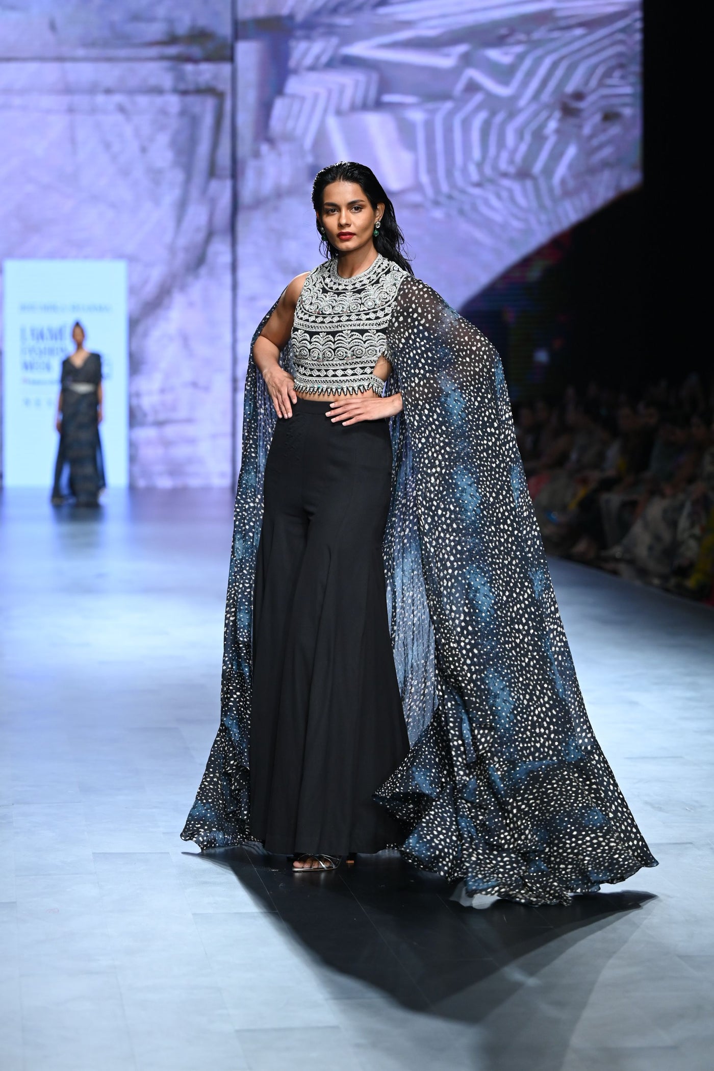 Geometric Blouse with Flared Pant & Rosette Drape