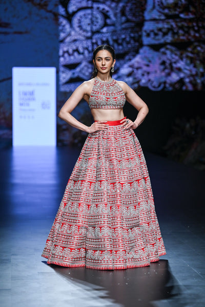 Red Geometric Heavy Lehenga Set
