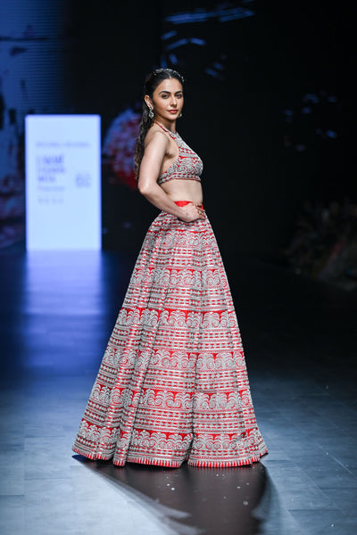 Red Geometric Heavy Lehenga Set