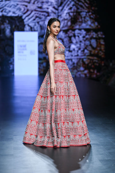 Red Geometric Heavy Lehenga Set