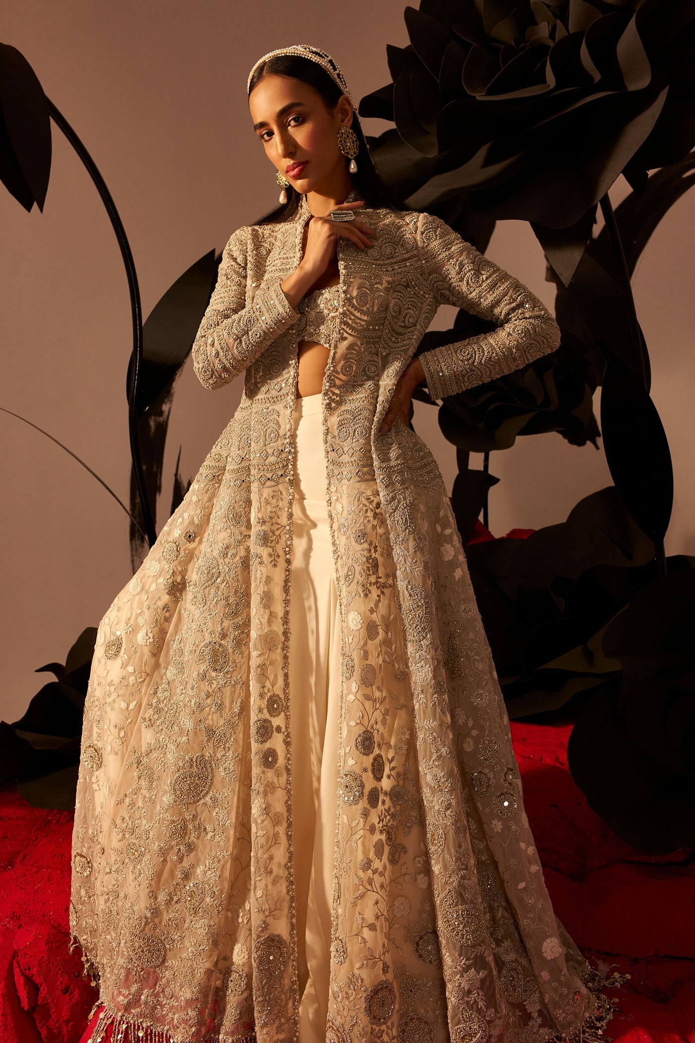 Ivory Embroidered Jacket & Skirt Set