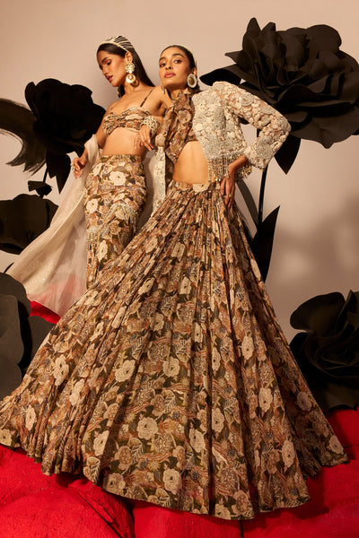 Abstract Floral Skirt & Jacket Set