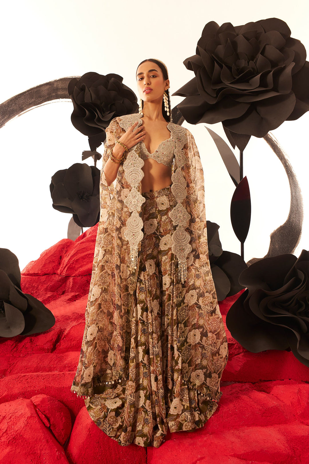 Abstract Floral Cape & Flared Pants Set