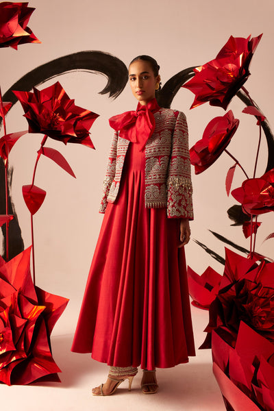 Retro Red Bow Anarkali with Jacket