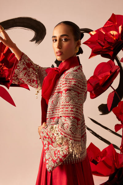 Retro Red Bow Anarkali with Jacket