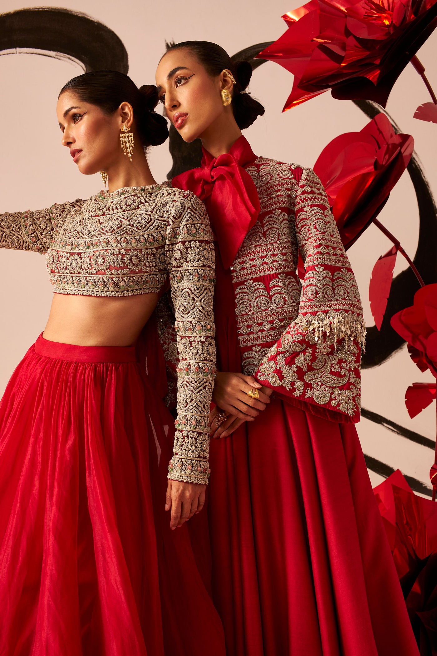 Retro Red Floral Embroidered Blouse Set
