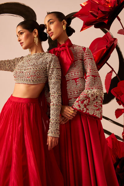 Retro Red Bow Anarkali with Jacket