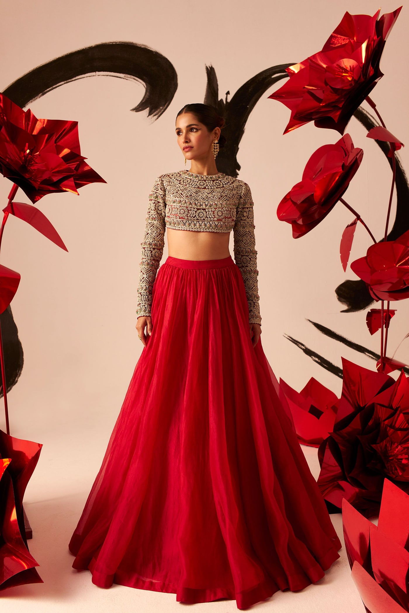 Retro Red Floral Embroidered Blouse Set