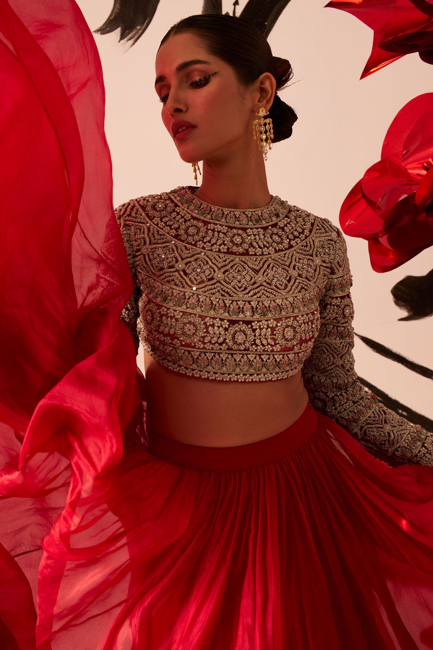 Retro Red Floral Embroidered Blouse Set