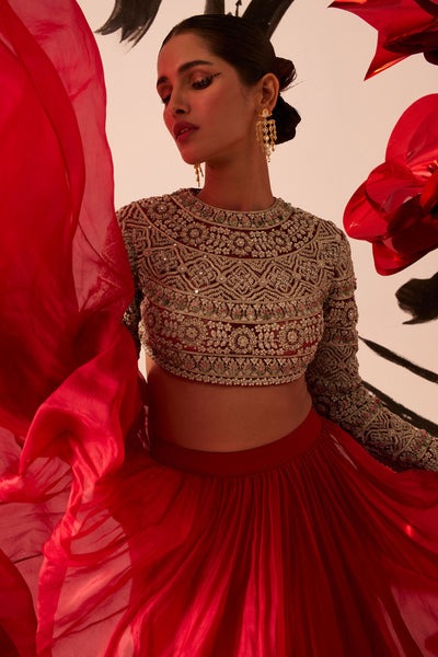 Retro Red Floral Embroidered Blouse Set