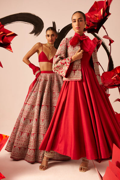 Retro Red Bow Anarkali with Jacket