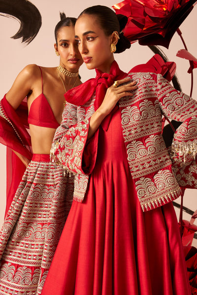 Retro Red Bow Anarkali with Jacket