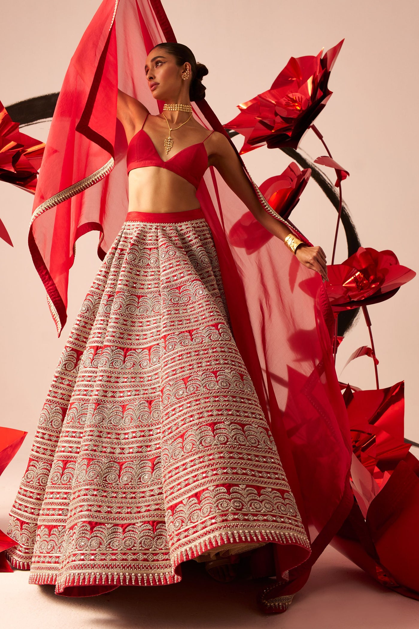 Red Geometric Heavy Lehenga Set