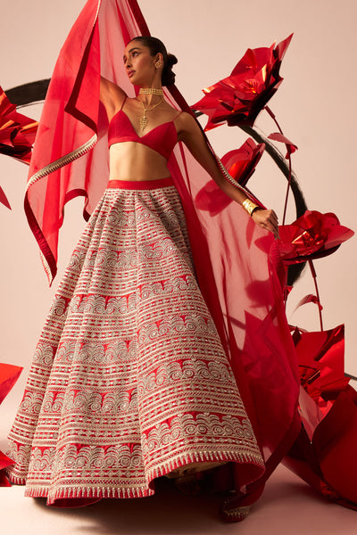 Red Geometric Heavy Lehenga Set
