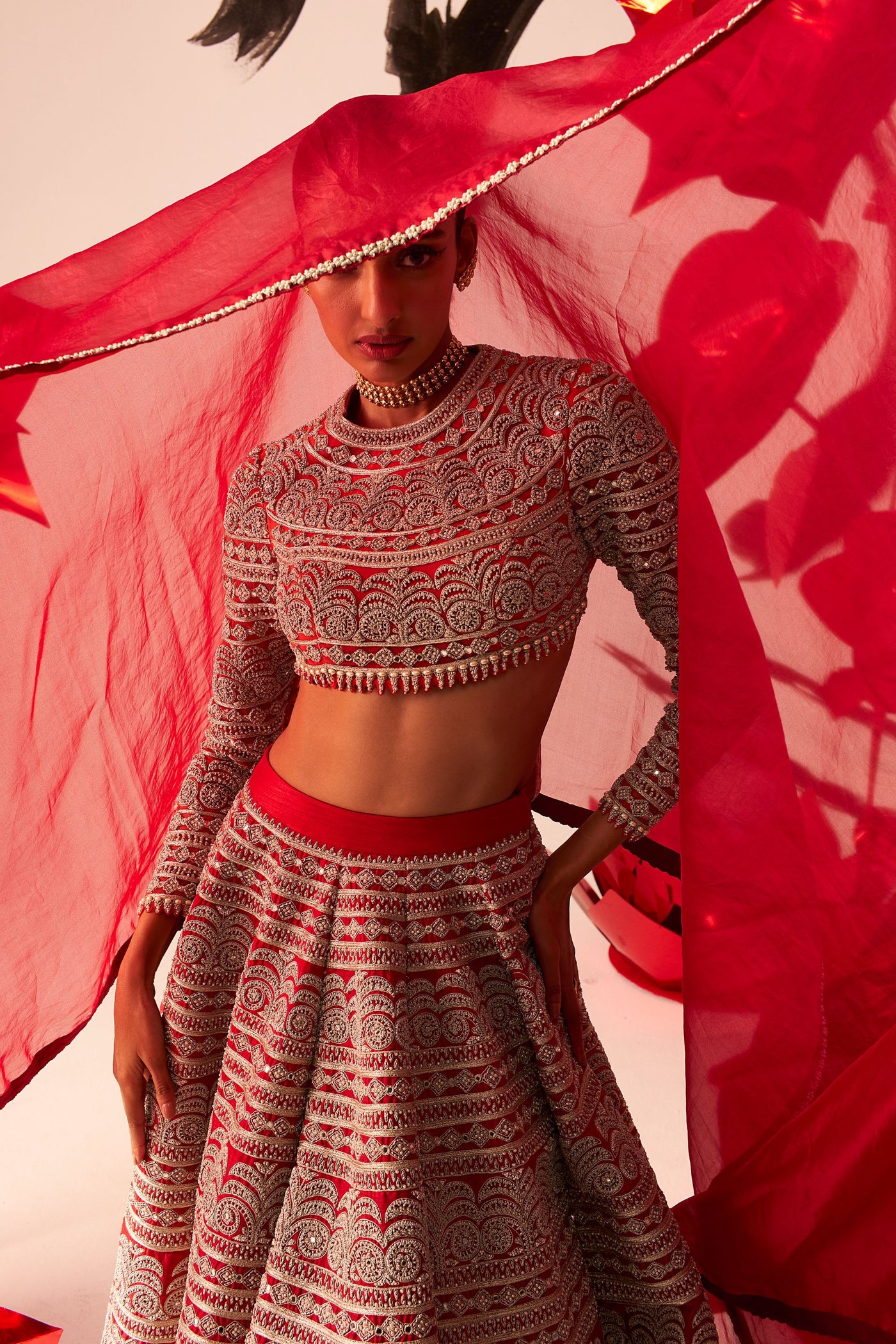 Red Geometric Heavy Lehenga Set