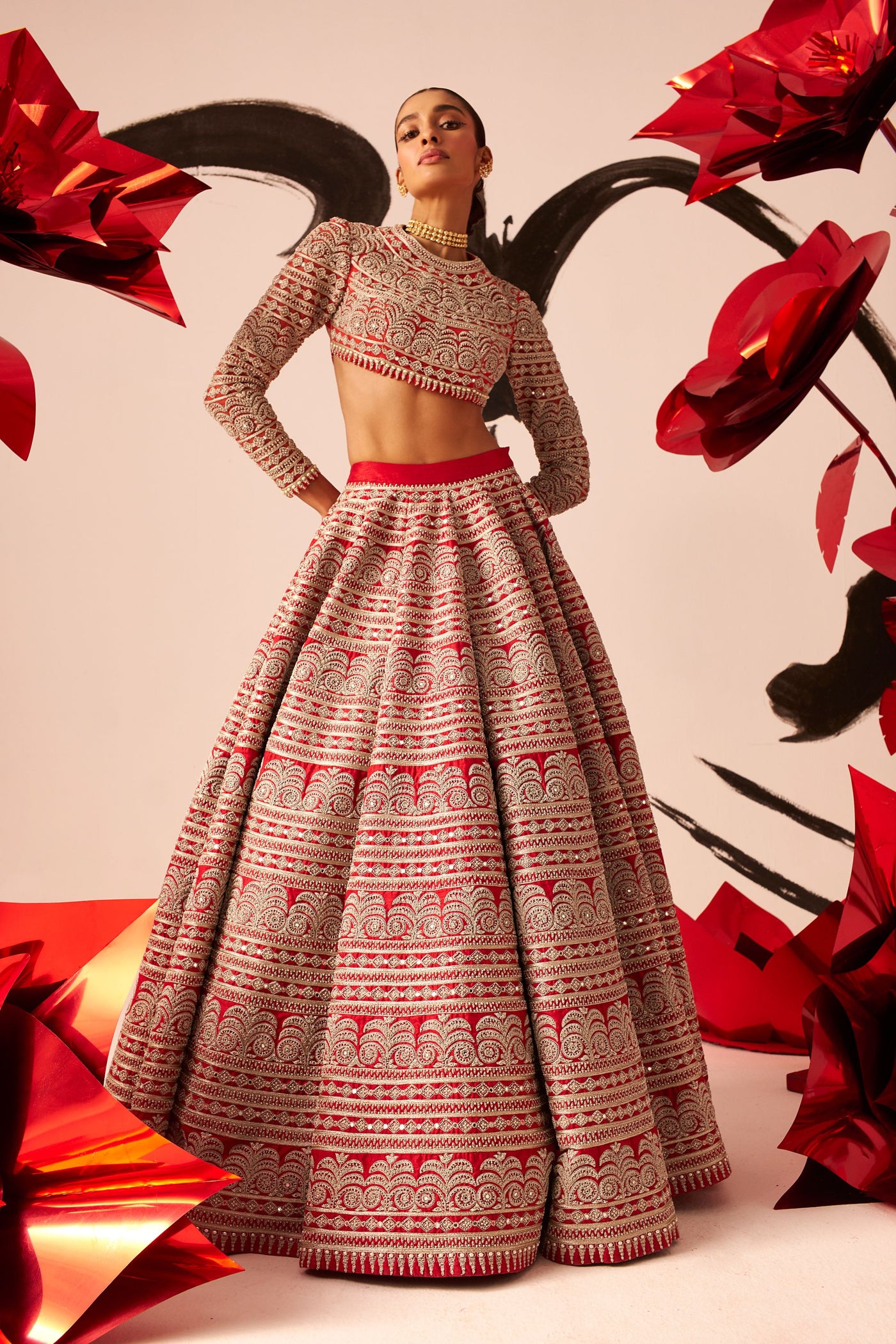 Red Geometric Heavy Lehenga Set