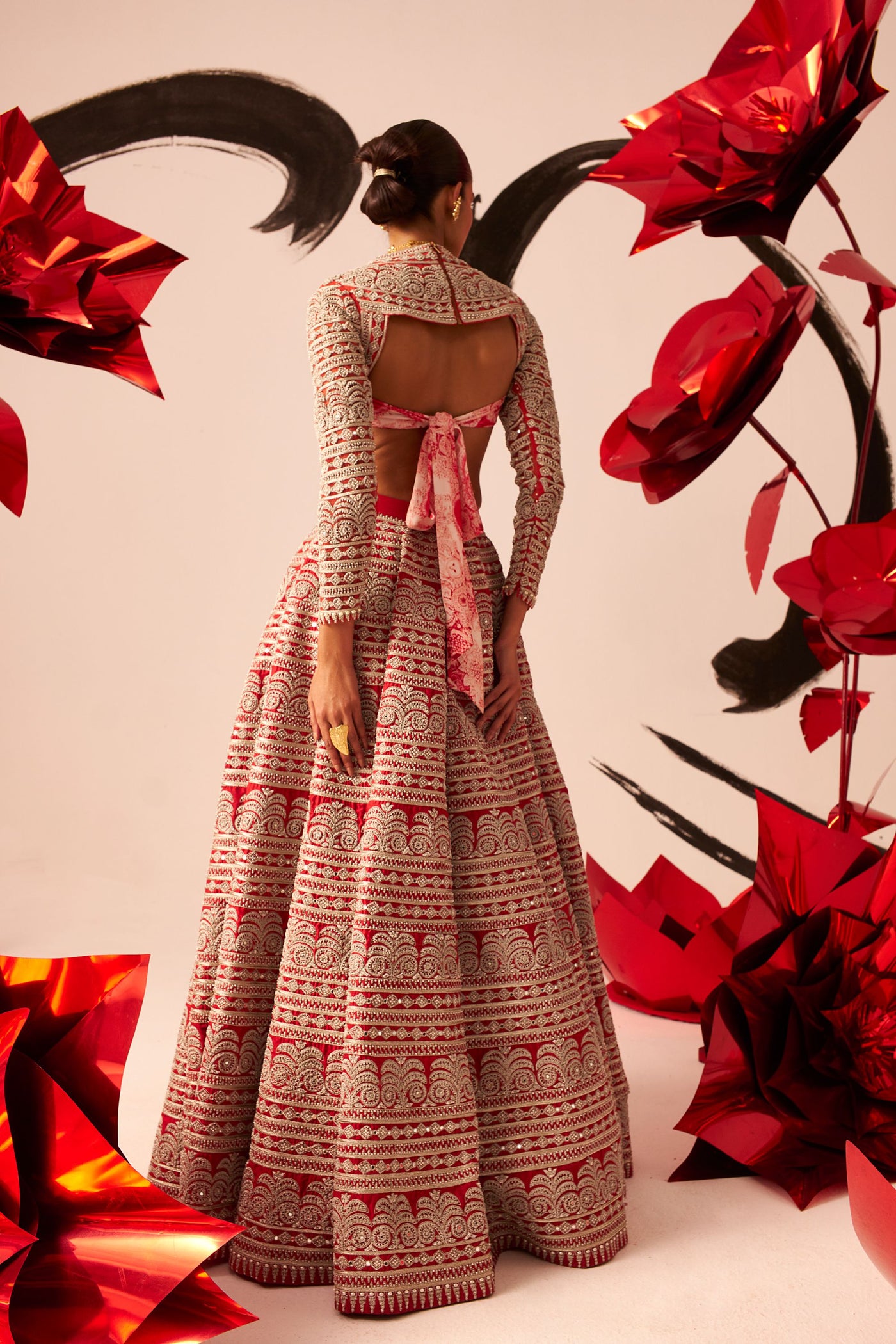 Red Geometric Heavy Lehenga Set