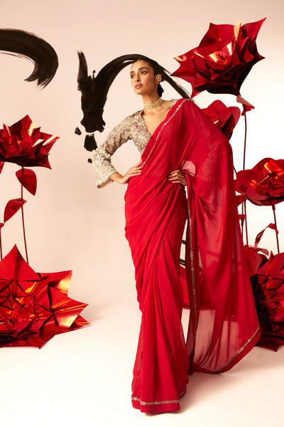 Red 6-Yard Saree with Embroidered Blouse