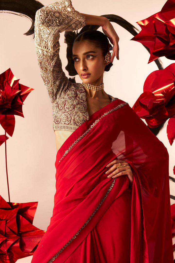 Red Saree with Embroidered Blouse