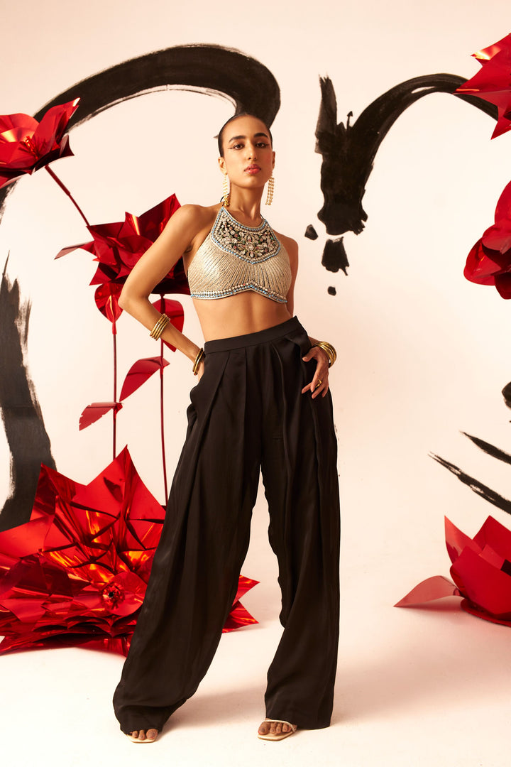 Halter Embroidered Blouse with Black Pants