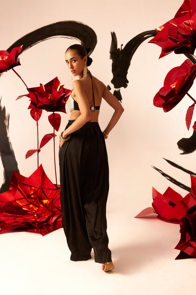 Halter Embroidered Blouse with Black Pants