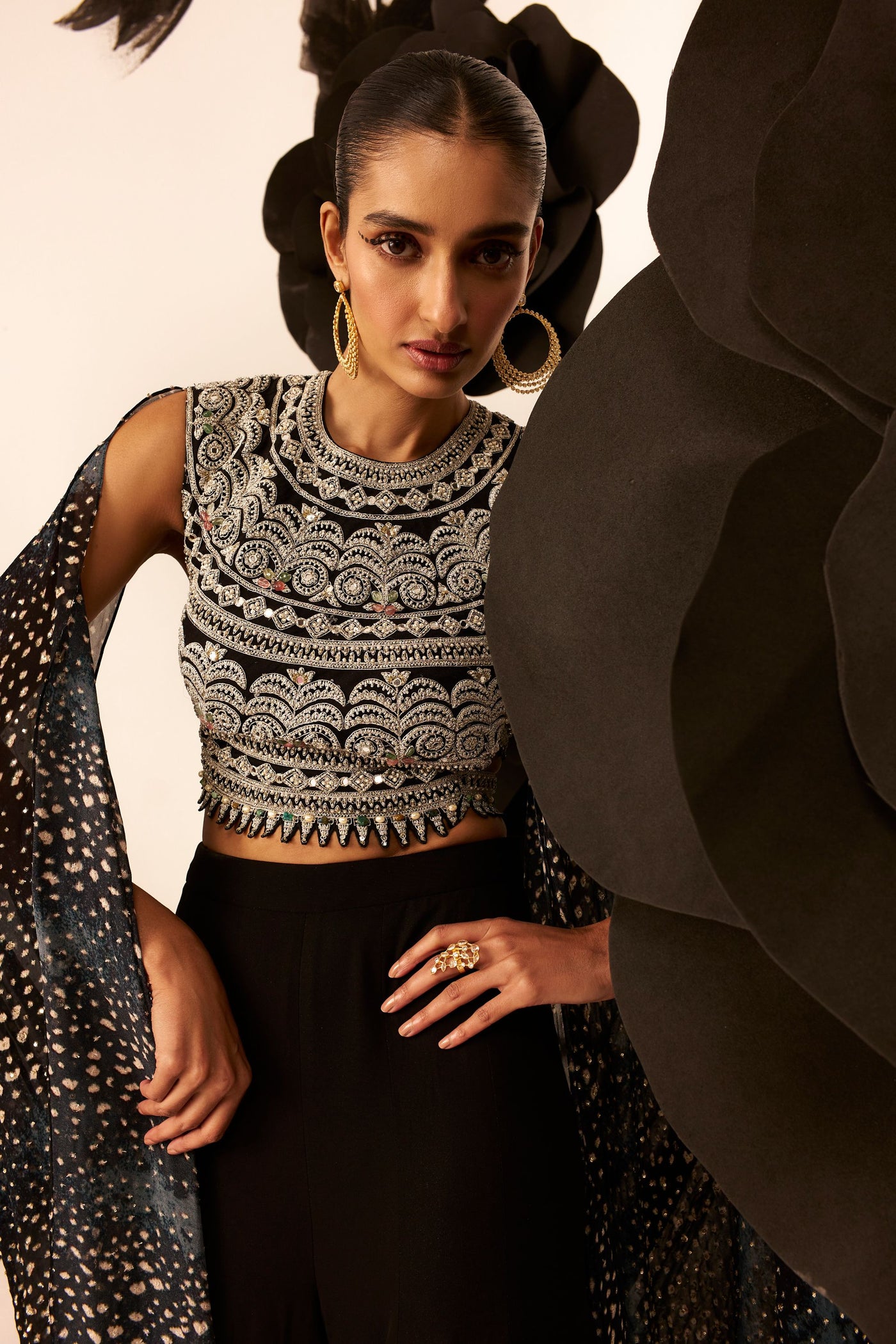Geometric Blouse with Flared Pant & Rosette Drape