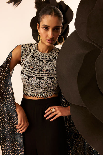 Geometric Blouse with Flared Pant & Rosette Drape