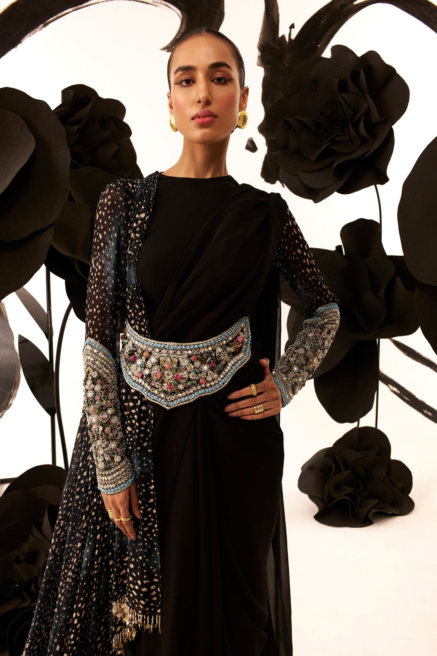 Black Belted 6-Yard Saree with Rosette Drape