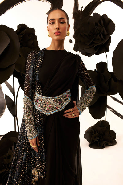 Black Belted 6-Yard Saree with Rosette Drape