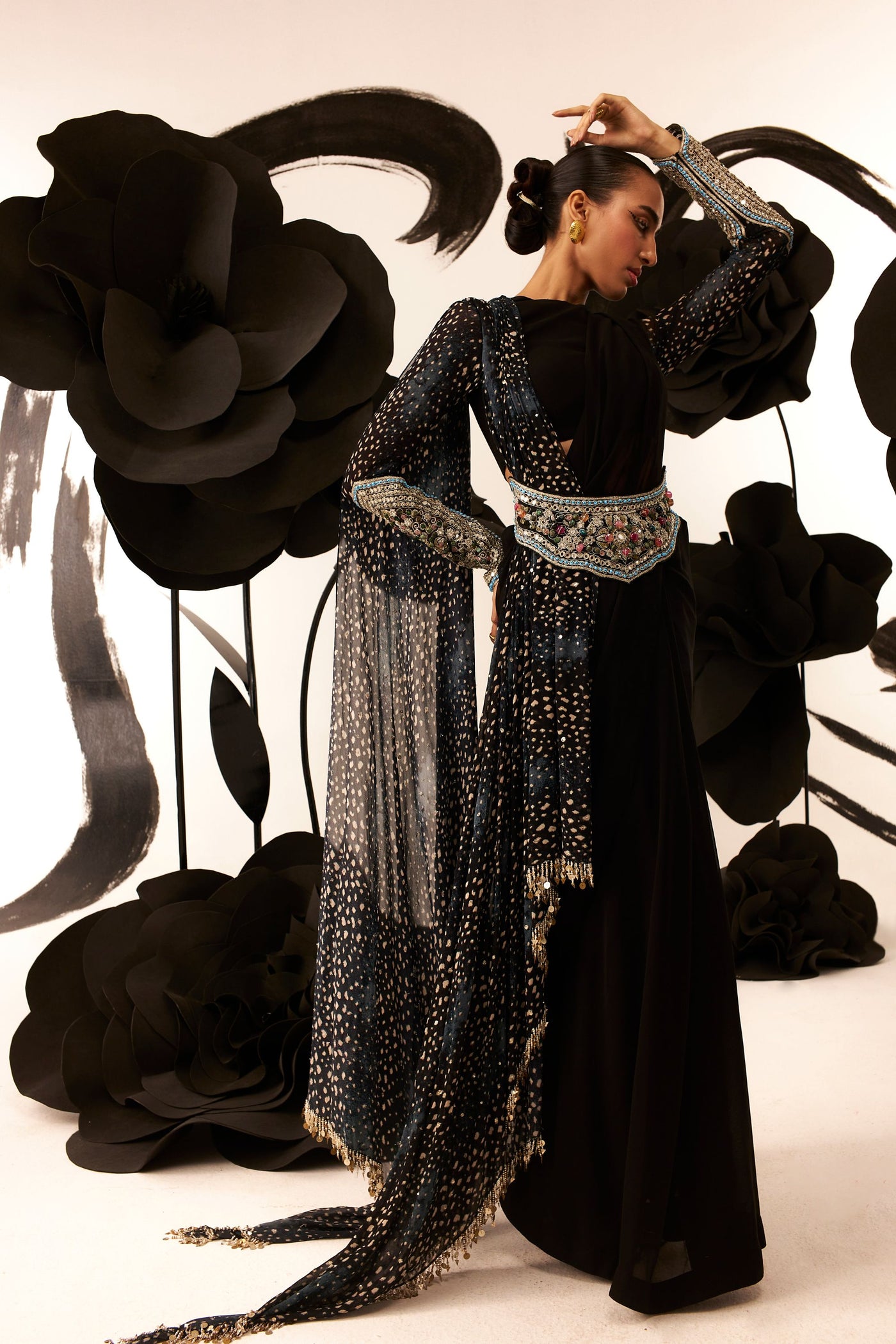 Black Belted 6-Yard Saree with Rosette Drape