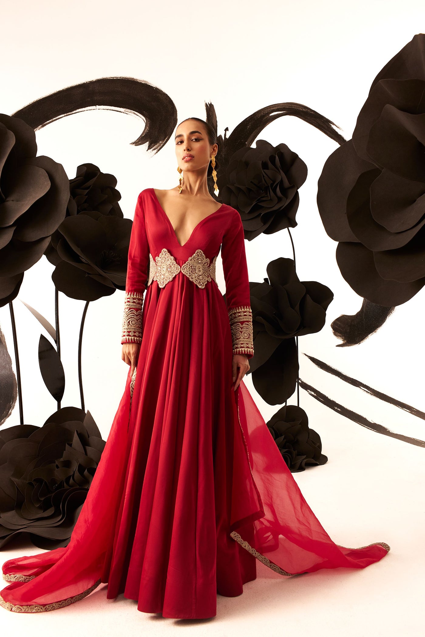 Retro Red Belted V-Neck Anarkali