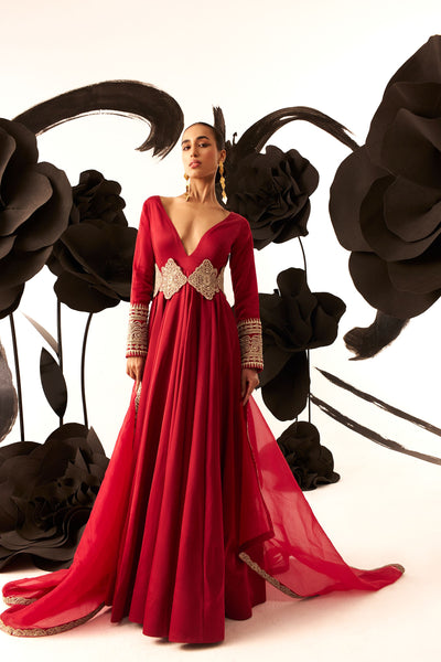 Retro Red Belted V-Neck Anarkali