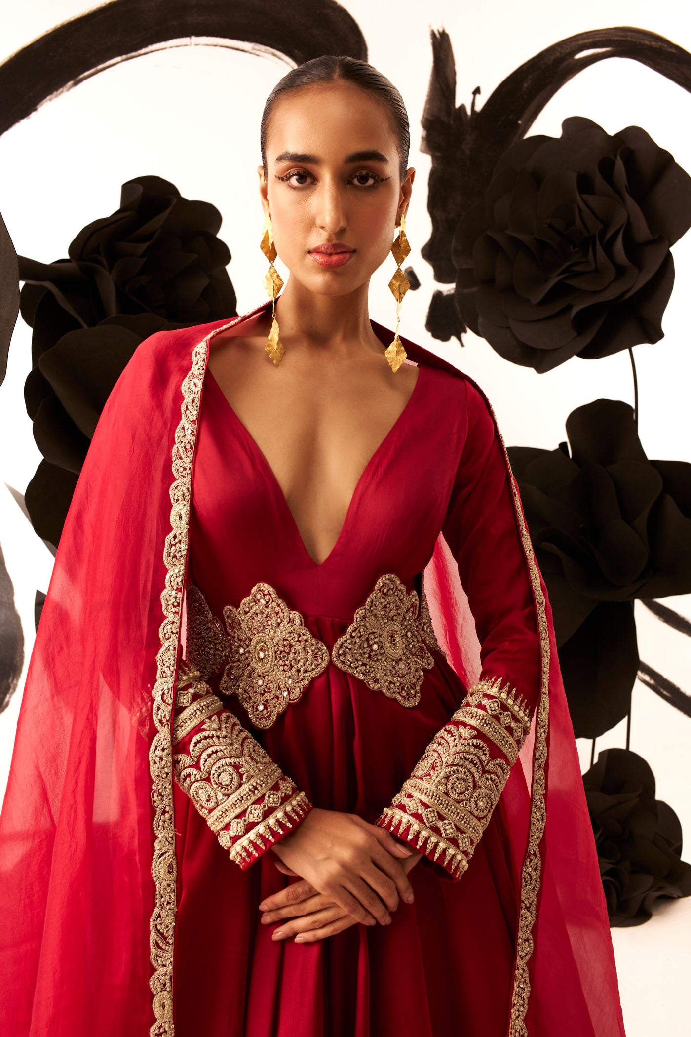 Retro Red Belted V-Neck Anarkali